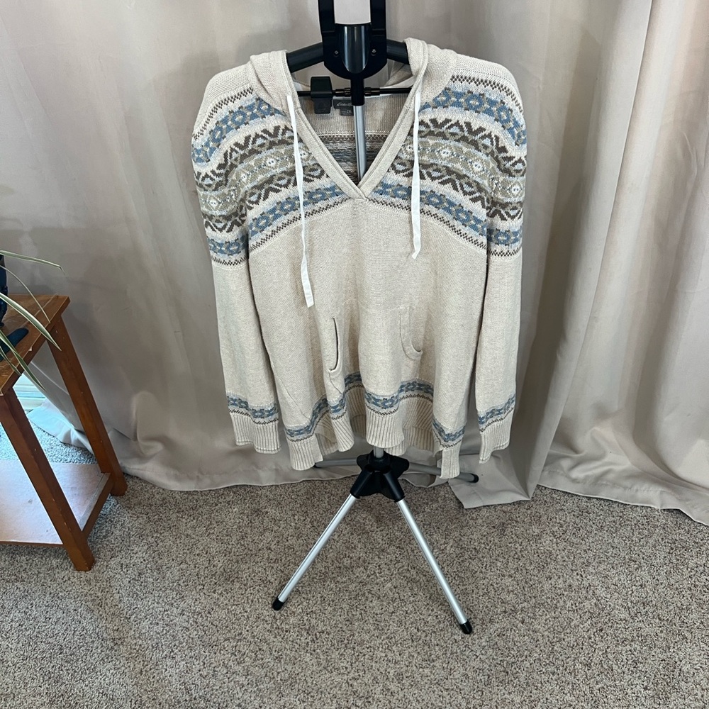 Eddie Bauer Cream and Blue Hooded Sweatshirt